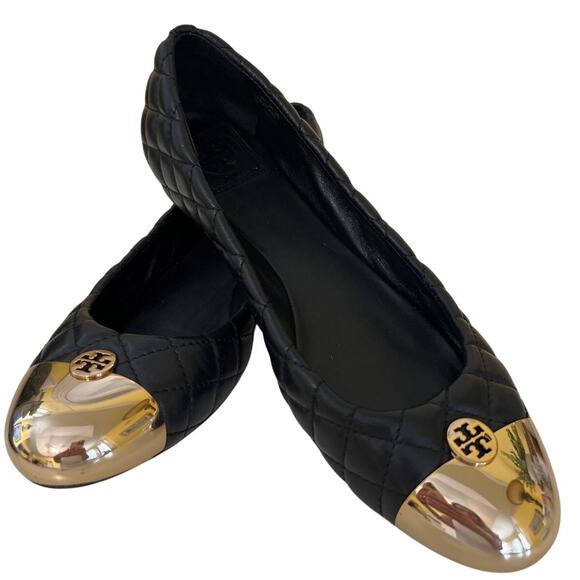 Tory Burch Black & Gold Quilted Ballet Flats Women's Size 10 Old Money Luxury - Picture 1 of 11